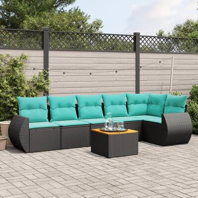 vidaXL 7 Piece Patio Sofa Set with Cushions Black Poly Rattan - 24.4 x 24.4 x 27.2