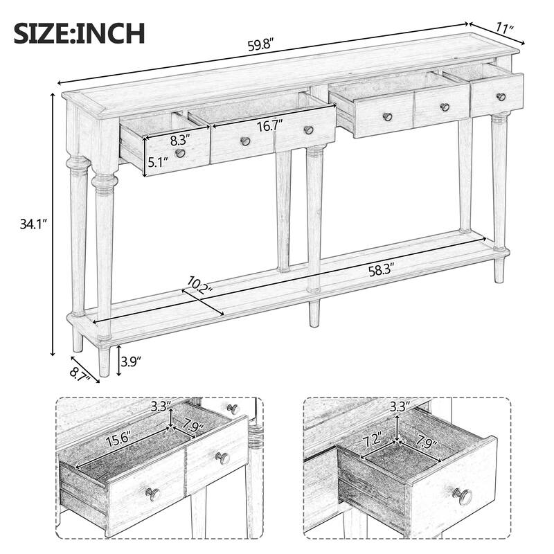 59.8" Retro Console Table with 4 Drawers and Open Shelf for Entryway, Living Room
