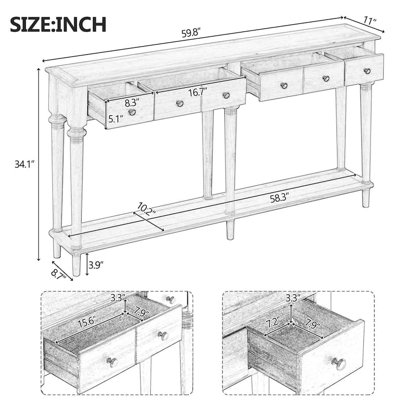Roomfitters Retro Entryway Console Table with 4 Storage Spaces and Open Shelf for Entry, Living Room, or Hallway