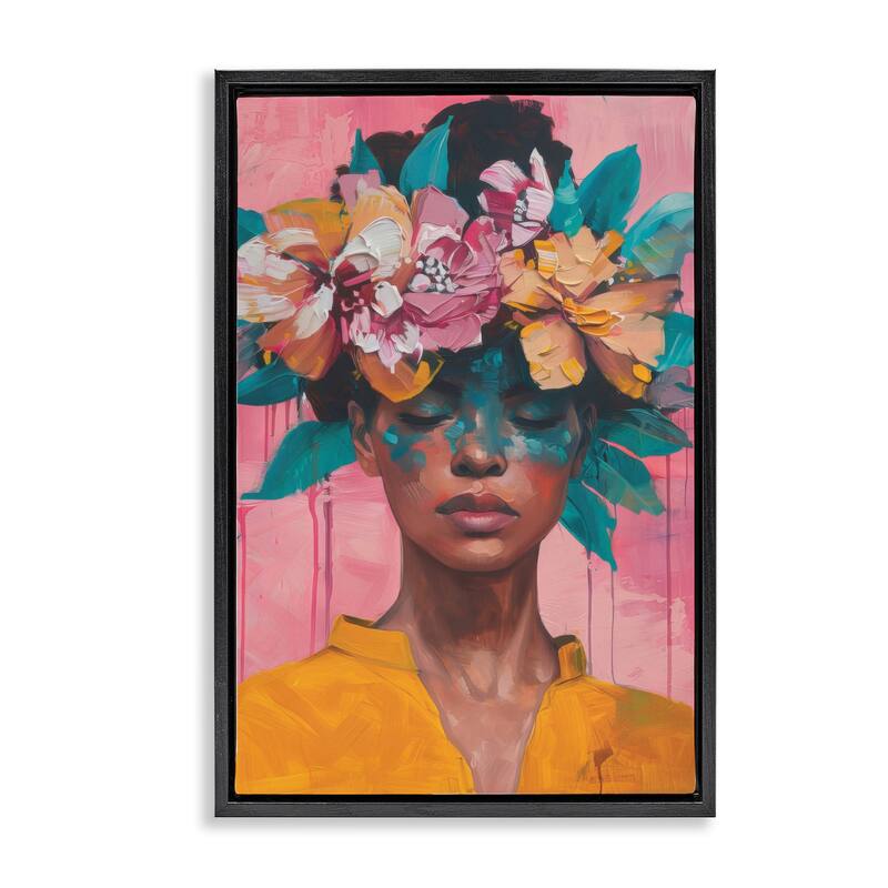 Stupell Woman With Floral Headdress Framed Floater Canvas Wall Art Design By LSR Design Studio - 21 x 31 - Black