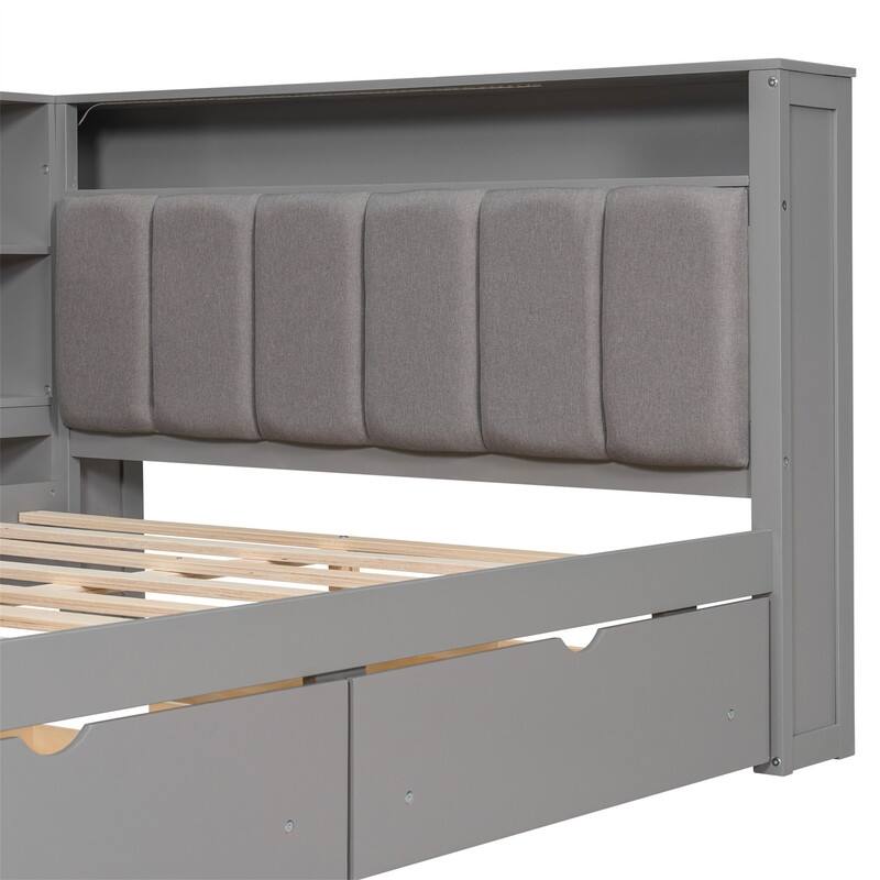 Twin/Full Size Daybed with LED Light, Side Desk and 2 Drawers, Wooden Sofa Bed with Storage Shelves and Upholstered Headboard