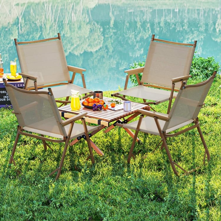 Beige Fabric Aluminum Folding Camping Chairs Set of 2 with Ergonomic Design