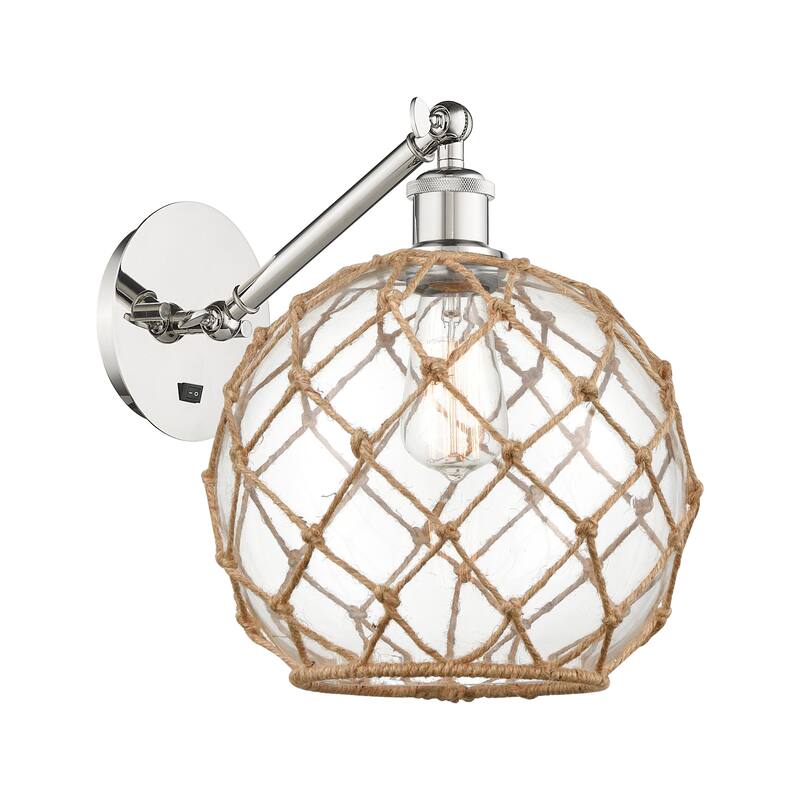 Innovations Lighting Endless Possibilities Ballston - Farmhouse Rope - 1 Light 10" Adjustable Sconce - Arm Adjusts Up and Down - Clear Glass with Brown Rope/Polished Nickel