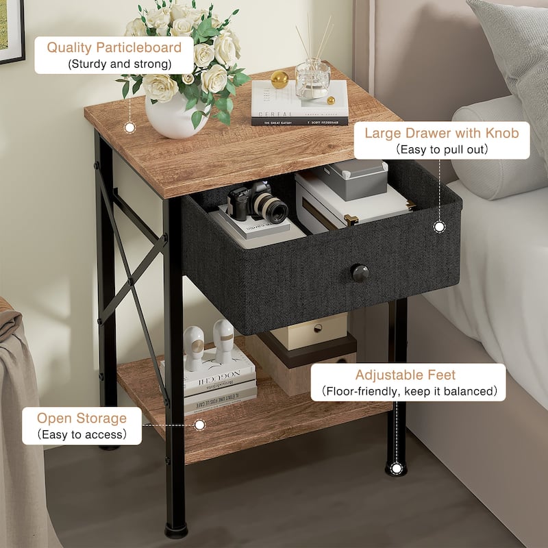 Javlergo 2 Pack X Frame Nightstand with Removable Fabric Drawer Easy to Clean Multifunctional End Table with Open Shelf