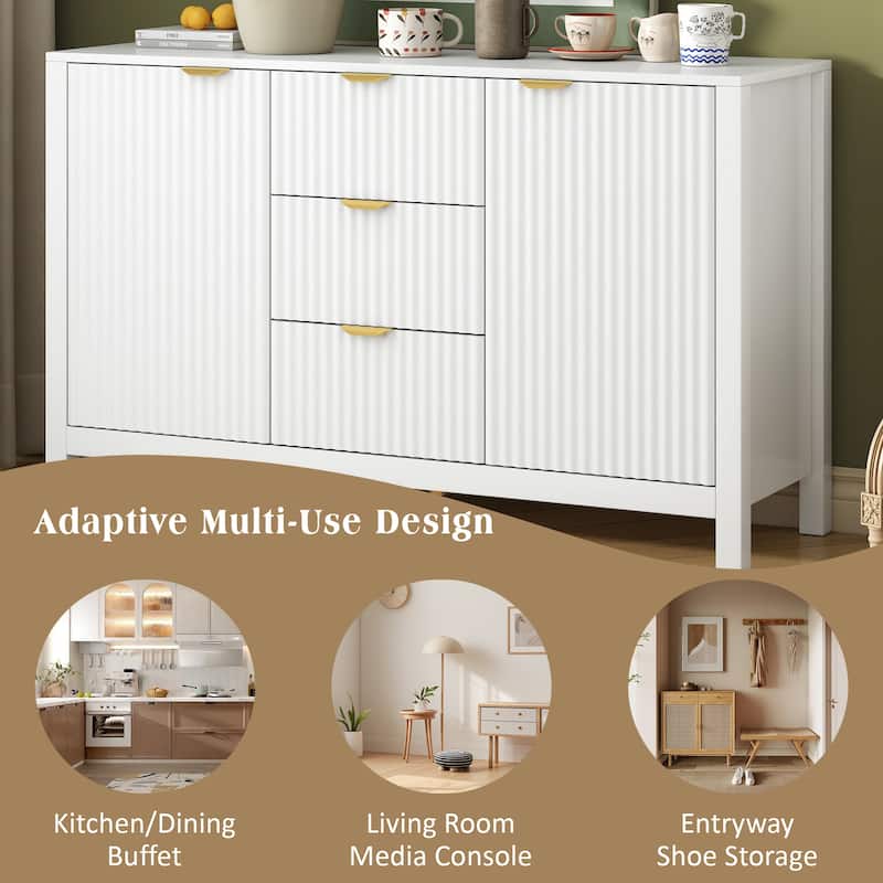 Roomfitters Modern Sideboard Buffet with Wave Design, 3 Drawers and Adjustable Shelves, Storage Cabinet with Gold Handles, White