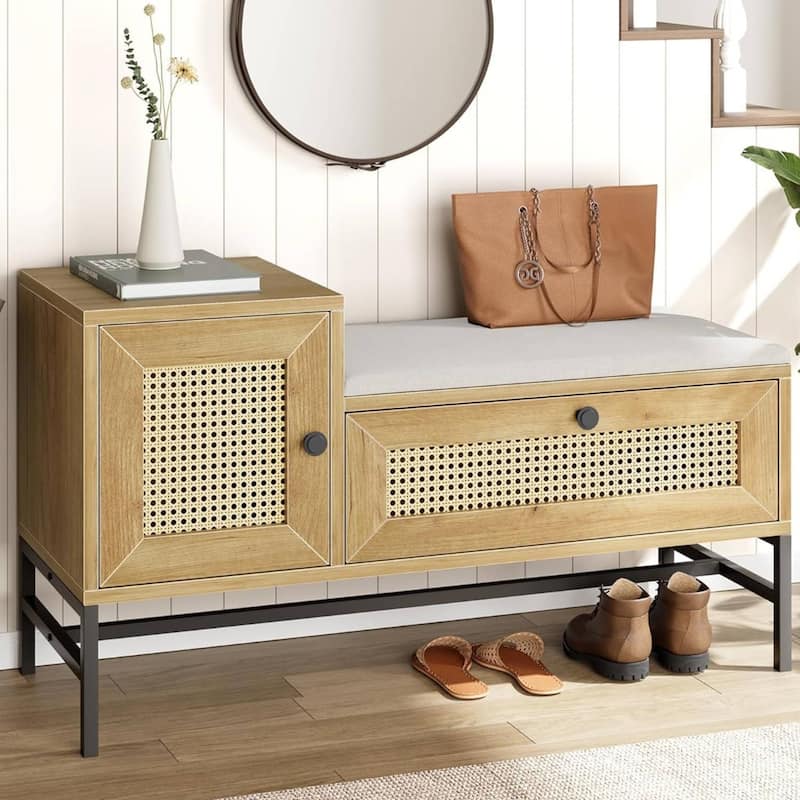 Rattan Shoe Entryway Bench with Linen Seat Cushion - Brown