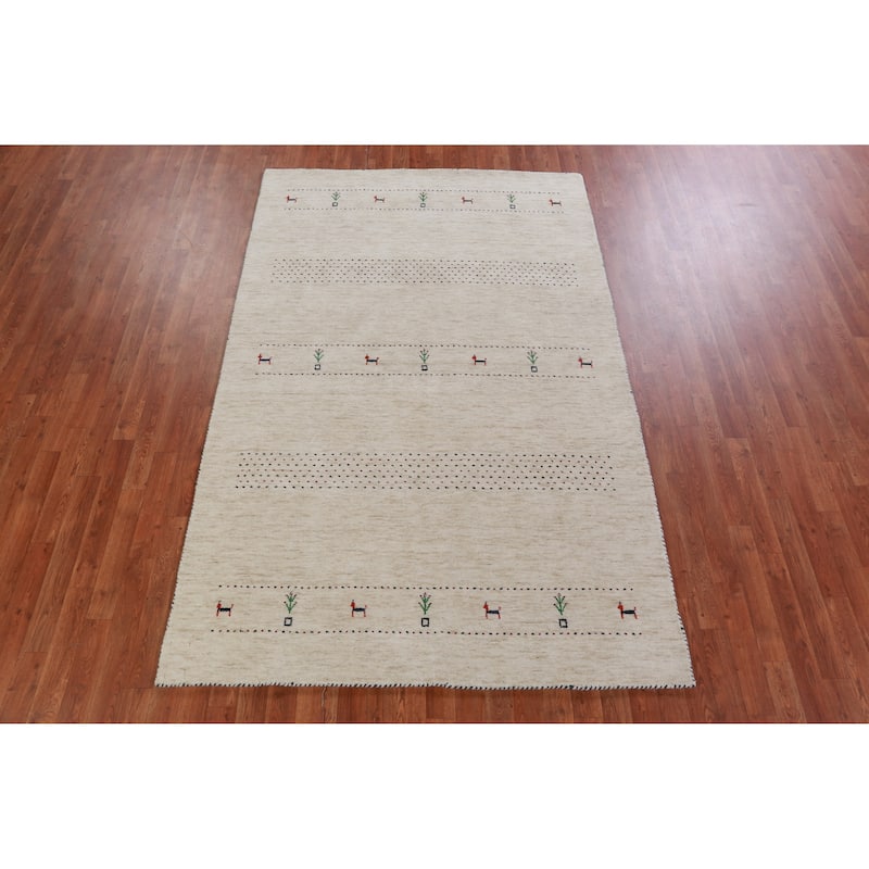 Hand Knotted Oriental 100% Wool Carpet Tribal Animal Pictorial Beige & Ivories Gabbeh Area Rug - 7' 11'' X 5' 1''