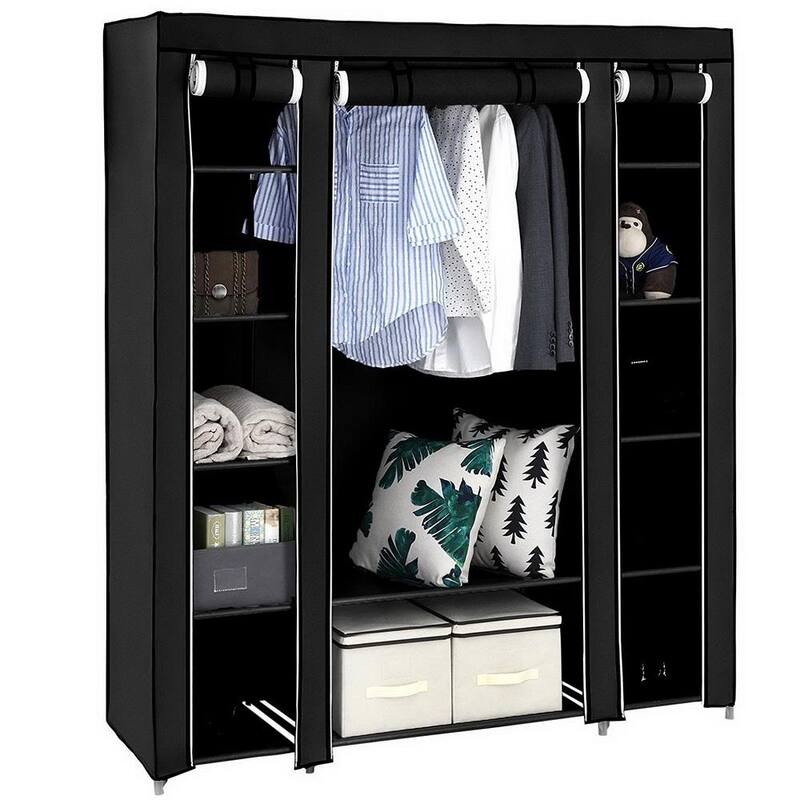 Portable Clothes Rack Closet with Cover and Hanging Rod - 150*45*175CM 12-Lattices - Black