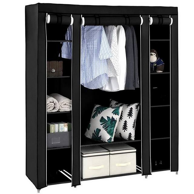 Portable Clothes Rack Closet with Cover and Hanging Rod - 150*45*175CM 12-Lattices - Black