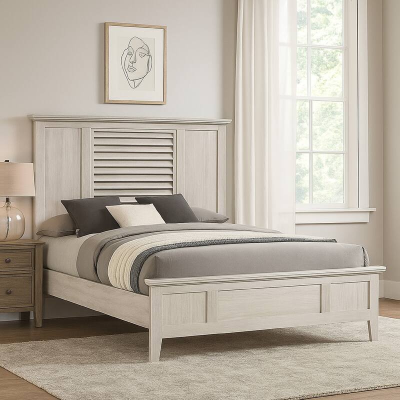 Sary King Size Bed w Tall Louvered Headboard, Tapered Front Legs, Off White