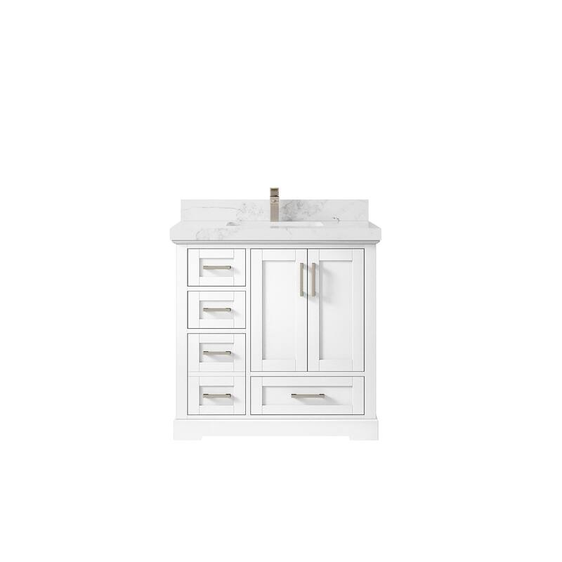 Willow Collections 36 x 22 Boston Center Sink Right Bathroom Vanity with Countertop - 2"Calacatta Nuvo - White
