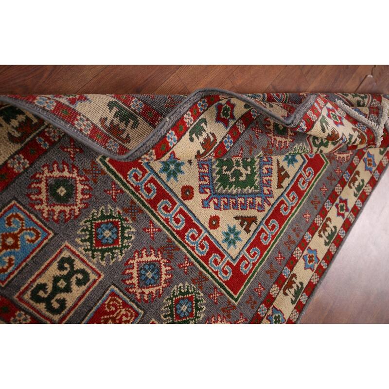 Geometric Grey Kazak Foyer Rug Hand-Knotted Wool Carpet - 2'8" x 3'11"