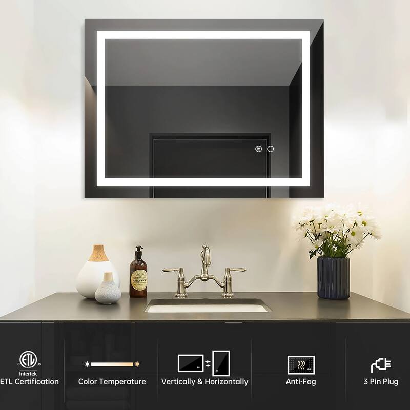 32 in. W x 24 in. H Rectangular Frameless Anti-Fog LED Light Wall Mounted Bathroom Vanity Mirror with Touch Button