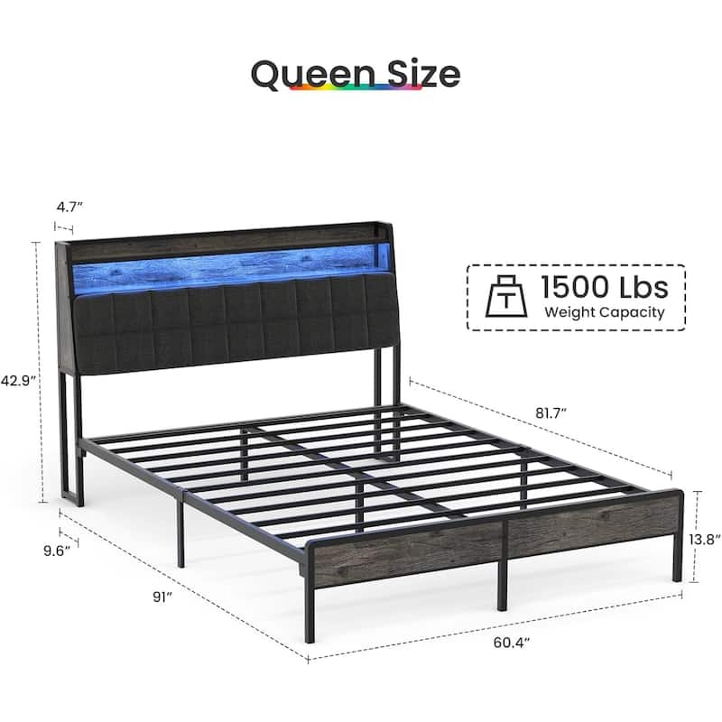 Roomfitters Queen Platform Bed with Ergonomic Storage Headboard and Integrated Power Station, Modern Metal Slat Base, Black