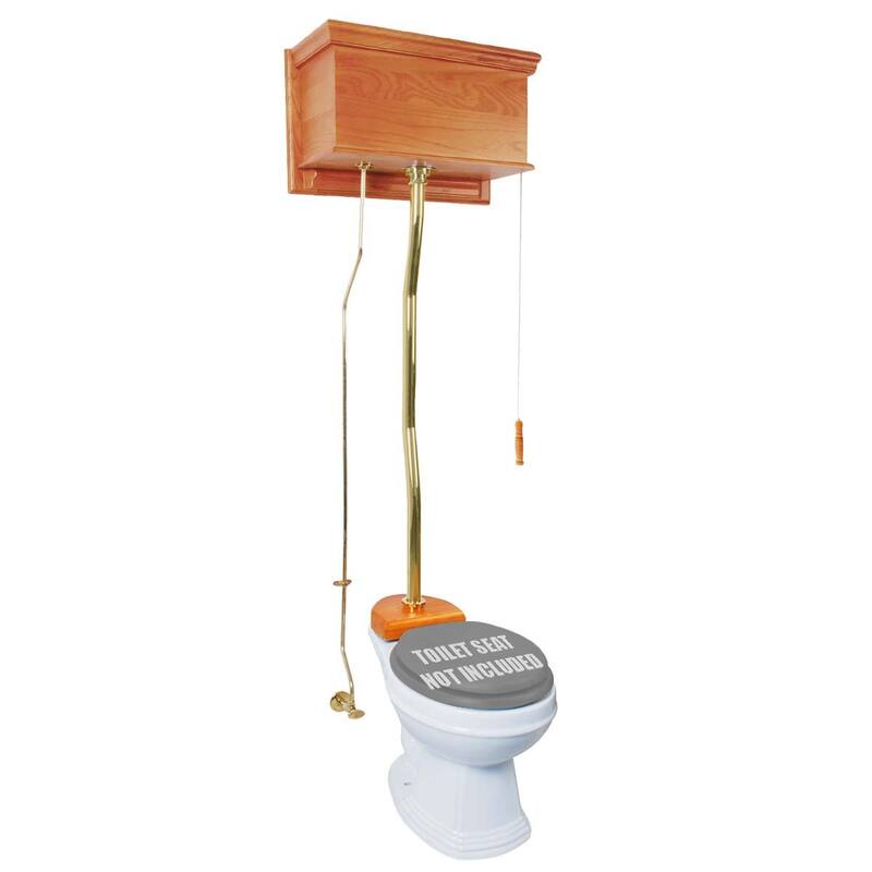 High Tank Toilet - Light Oak Wooden Flat Tank, Brass PVD Z Pipe and Round White Bowl Renovators Supply