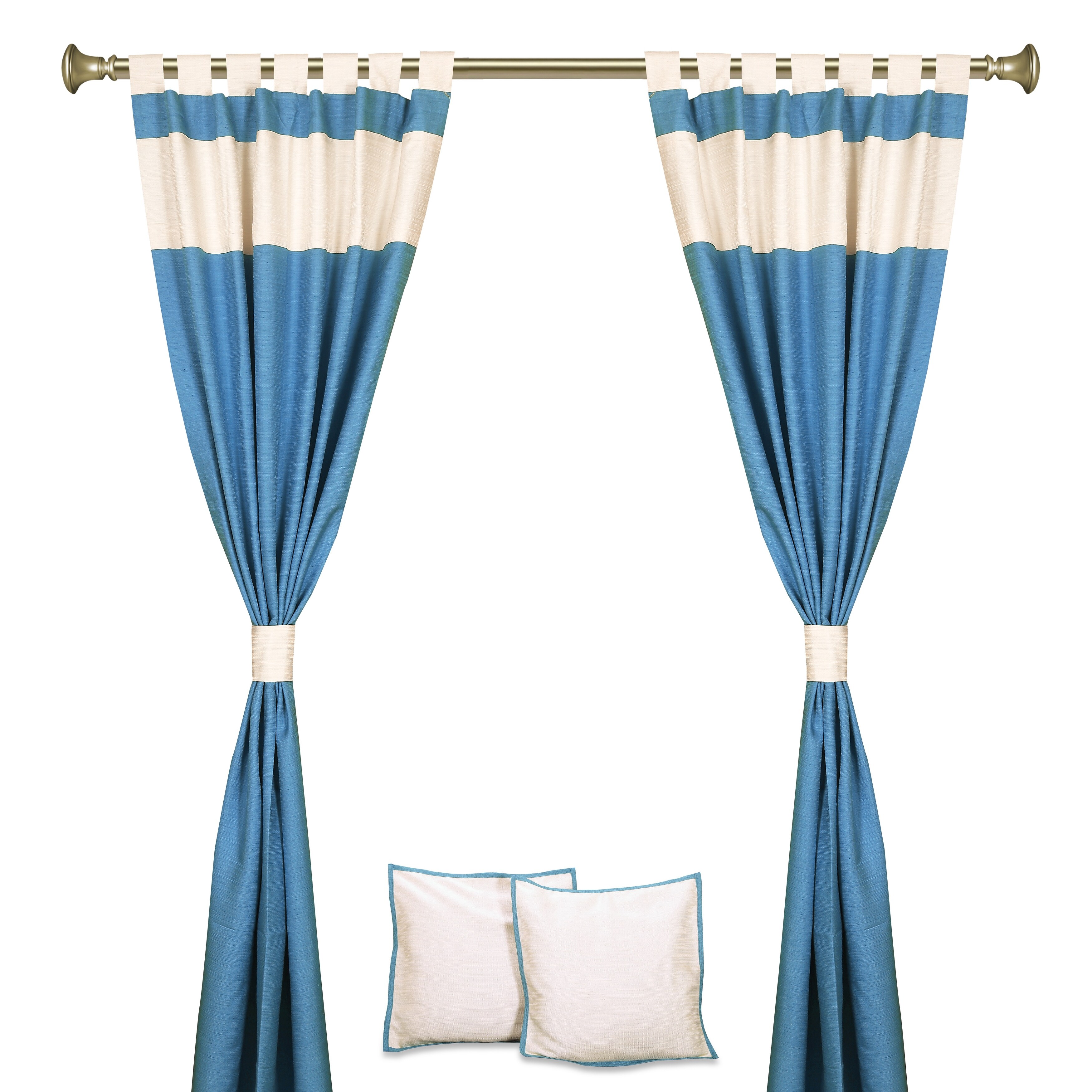 6 Pcs Set Turquoise Cream Raw Silk Curtain Cushion Cover Tieback