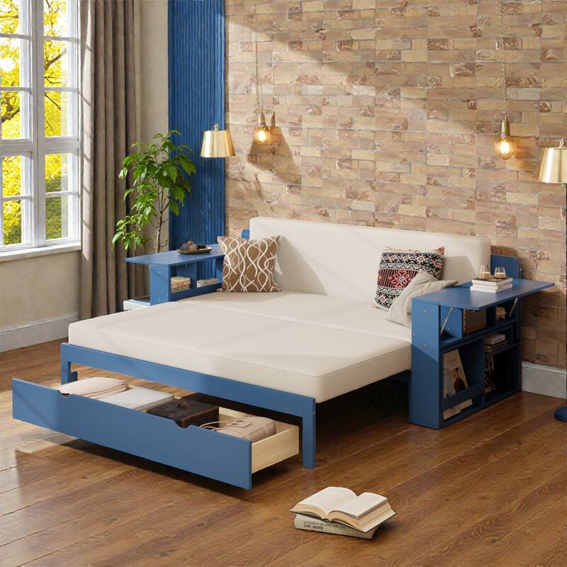 Queen Size 4-in-1 Daybed with Removable Desk, Storage Drawers, Hydraulic Side Tables & Extendable Armrests