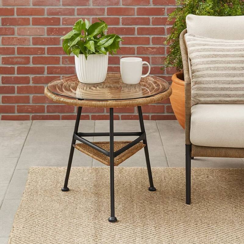 Tee Outdoor Side End Table, 20 Inch Rattan Weave, Glass Top, Steel