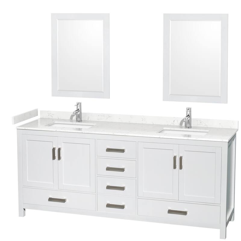 Sheffield Double Bathroom Vanity Set, Cultured Top, 24-Inch Mirrors - 80-Inch Double - White, Carrara Cultured Marble Counter