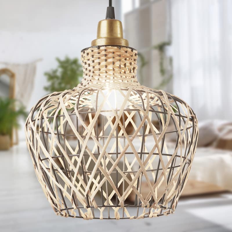 Caspian River of Goods Tan Rattan and Metal Adjustable Drop Height 10.25-Inch Hanging Pendant Light
