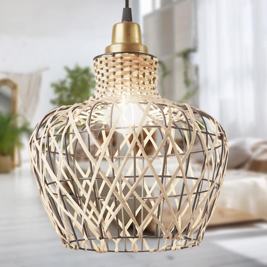 Caspian River of Goods Tan Rattan and Metal Adjustable Drop Height 10.25-Inch Hanging Pendant Light