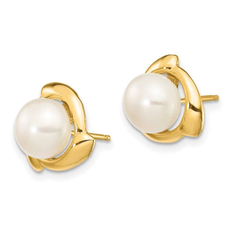 Curata 14k Yellow Gold 7-8mm White Button Freshwater Cultured Pearl Post Earrings (10.3x10.55mm)
