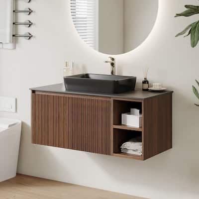 35.83'' Single Bathroom Vanity with Glossy Sintered Stone Top, Light Wood & Dark Wood