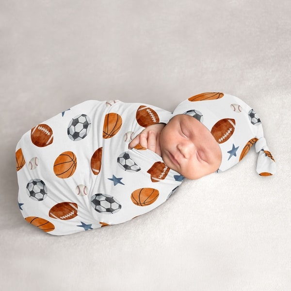 slide 2 of 6, Sweet Jojo Designs Sports Theme Boy Baby Cocoon and Beanie Hat Sleep Sack 2pc Set Watercolor Soccer Football Baseball Basketball