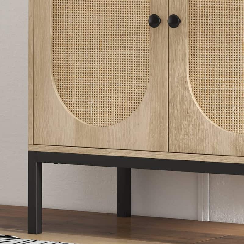 Beige Rattan Storage Cabinet with Doors and Shelves