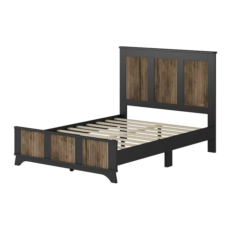 Farmhouse Wooden Platform Full Size Bed, Modern Platform Bed with Wooden Strip Decoration, Plywood Slats Support, White