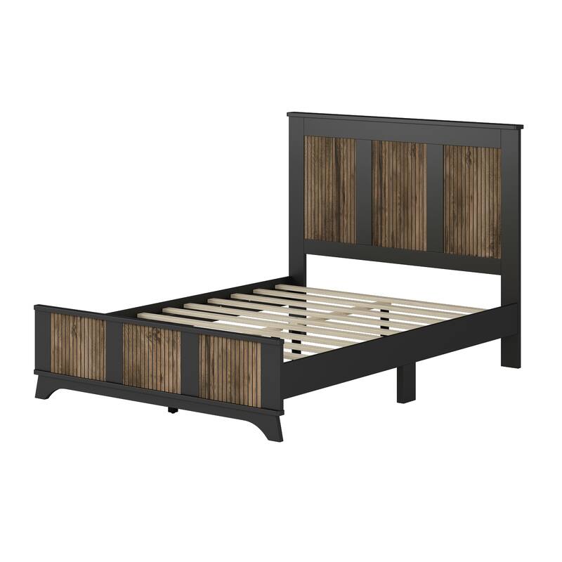 Stylish Platform Bed Slats Support Wood Bed, Rustic Farmhouse Style Bed Frame with Wooden Strip Decoration Elevated Headboard