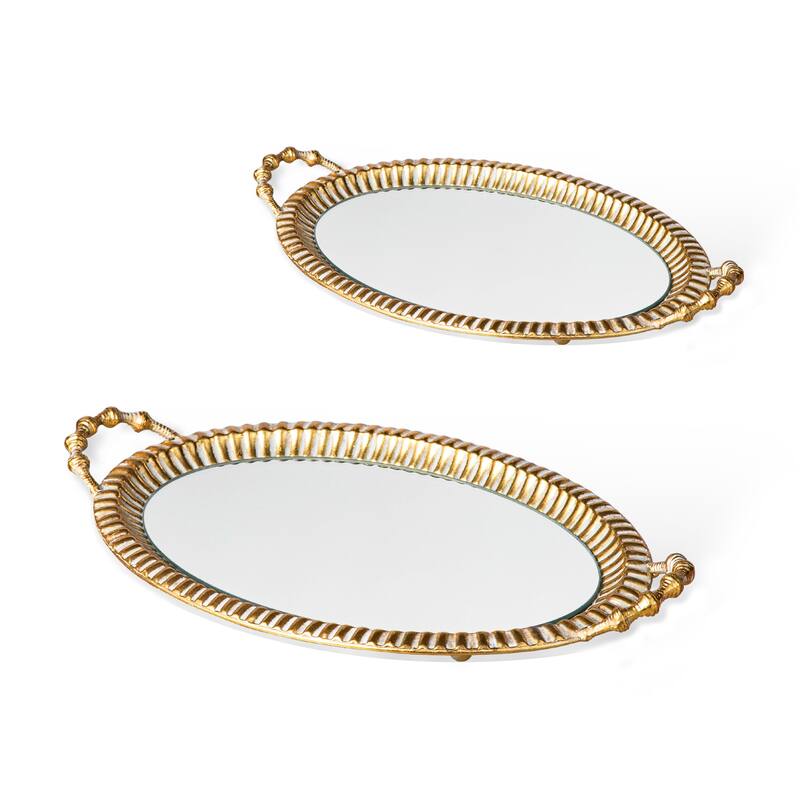 Glitzhome Set of 2 Modern Gold Floral Pattern Mirrored Decorative Trays with Handles
