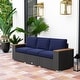 preview thumbnail 9 of 24, Outsunny 3-Seat Patio Sofa with Cushions, PE Rattan Outdoor Couch with Wood Grain Wide Armrests for Porch Dark Blue