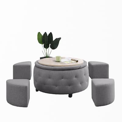 Round Rolling Storage Ottoman with Reversible Tray Top and 4 Side Ottomans, Dark Grey