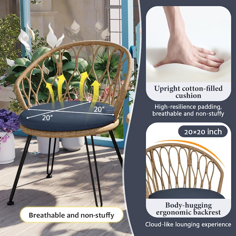 3 Pieces Rattan Bistro Set with A Glass Round Table for Patio