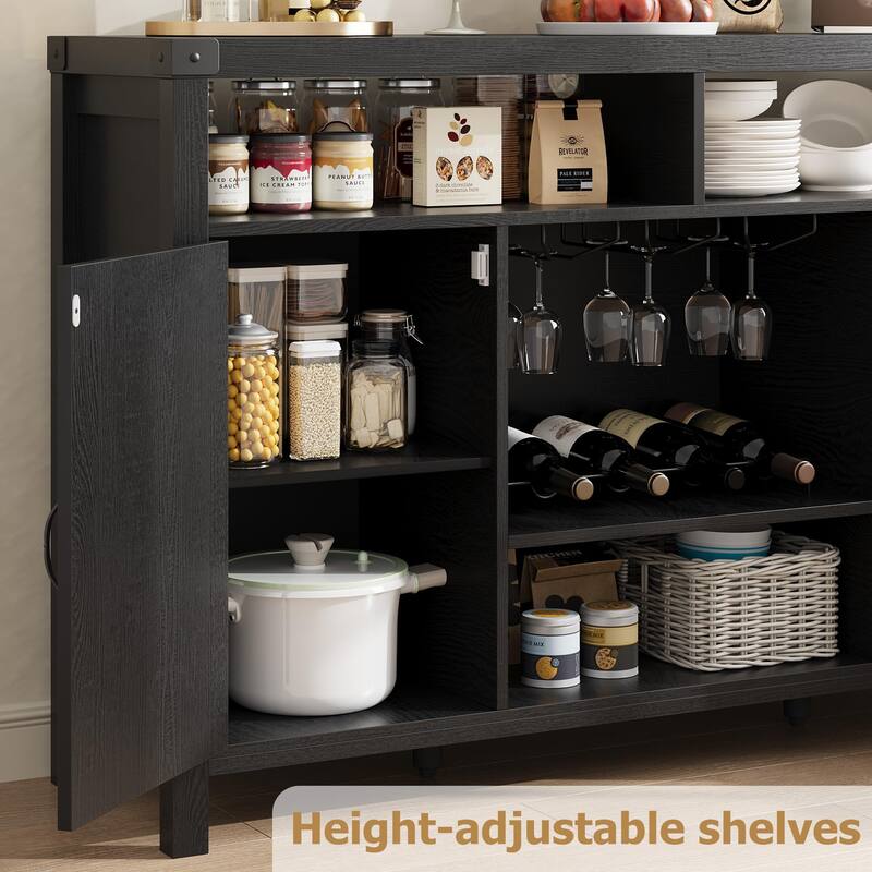 52" Rattan Sideboard Buffet Cabinet with Storage and Wine Racks, Farmhouse Kitchen Buffet Cabinet with Drawer