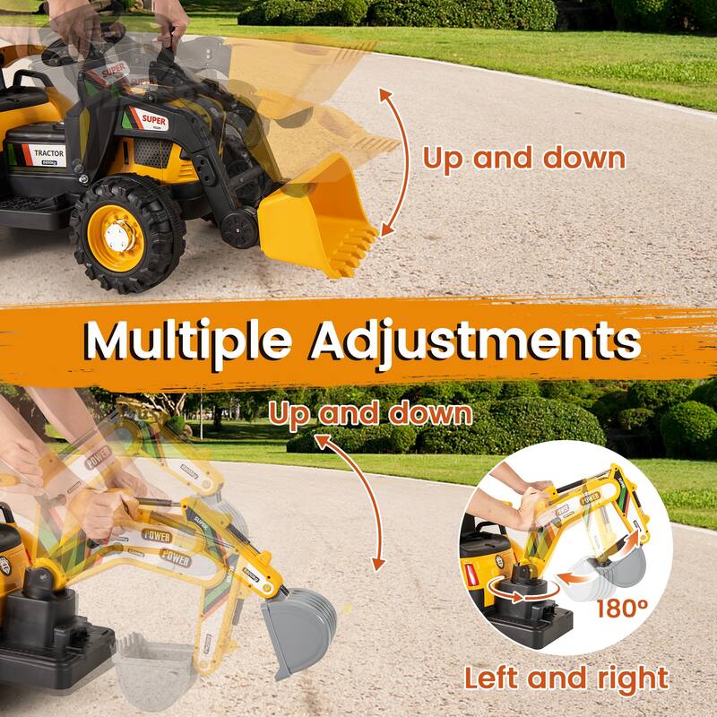 12V Battery Powered Ride on Construction Vehicle with Shovel and Digger Trailer MP3 Port - 73" × 24" × 26" (L × W × H)