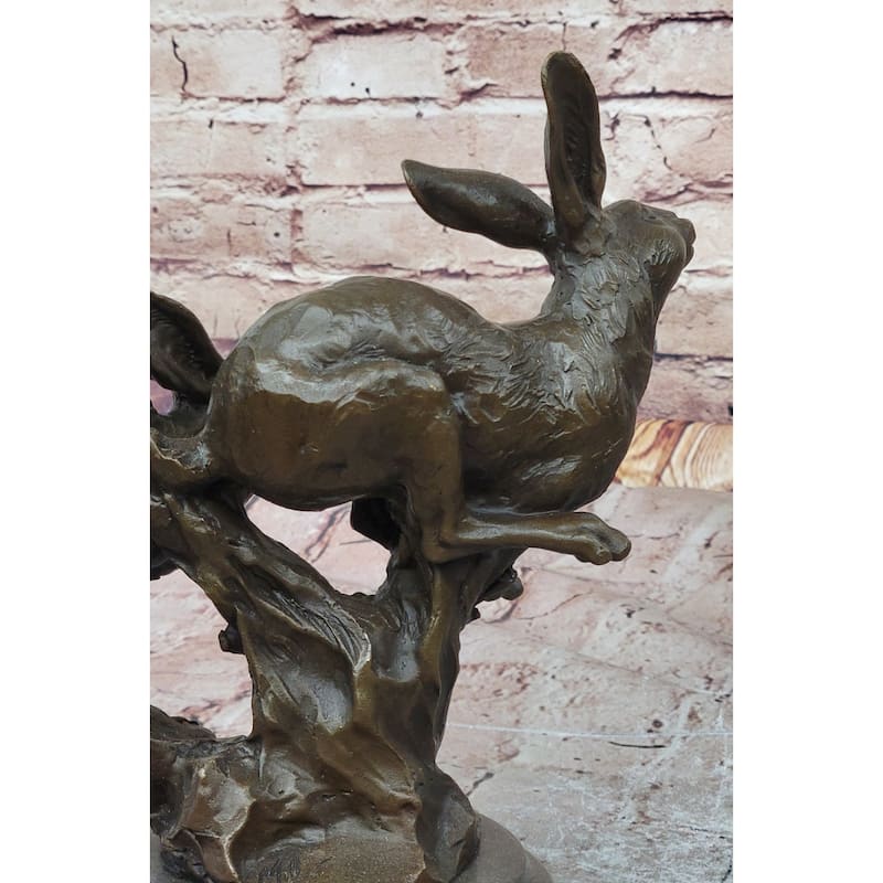 Pair Of Running Imitative Rabbits Hares Bunnies Bronze Sculpture Statue Decor Signed Original Art