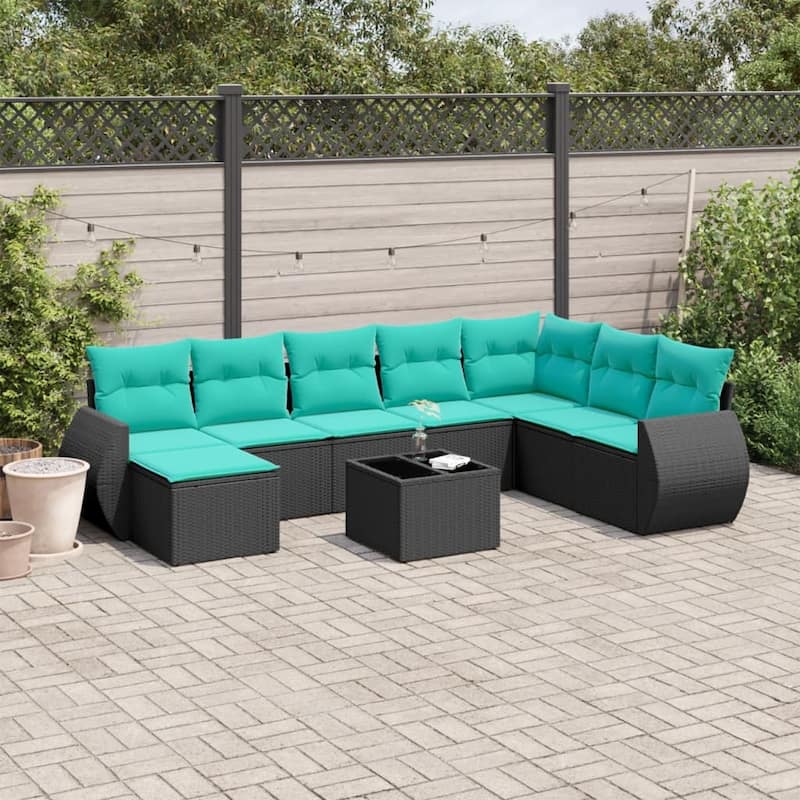 vidaXL 8 Piece Patio Sofa Set with Cushions Black Poly Rattan - 28 x 24.4 x 27.2-With table