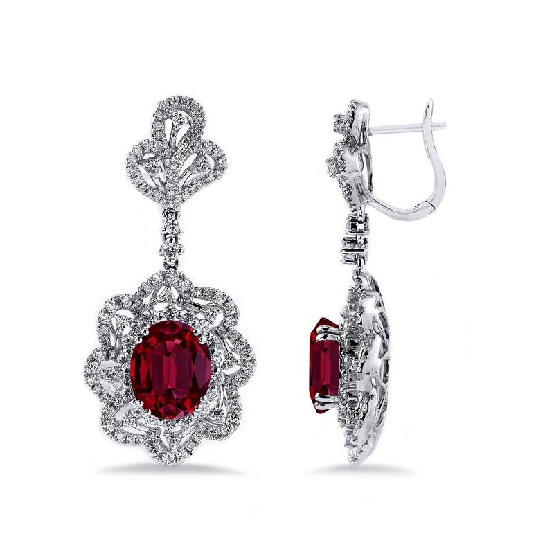 Auriya 5 3/4ct Fancy Oval-cut Red Ruby Halo Diamond Drop Earrings 2ctw 18k Gold