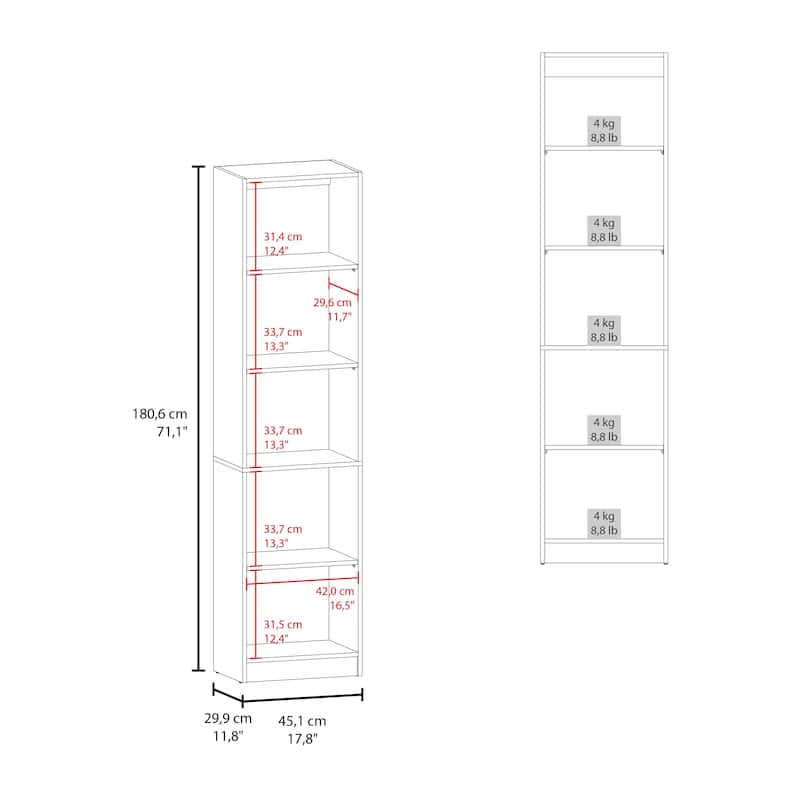 Sutton Slim Bookcase with Open Storage and 5 Shelves