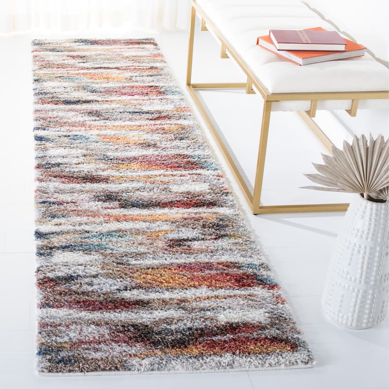 SAFAVIEH Calista Shag Mare Abstract 1-inch Thick Rug - 2'3" x 9' Runner - Ivory/Rust