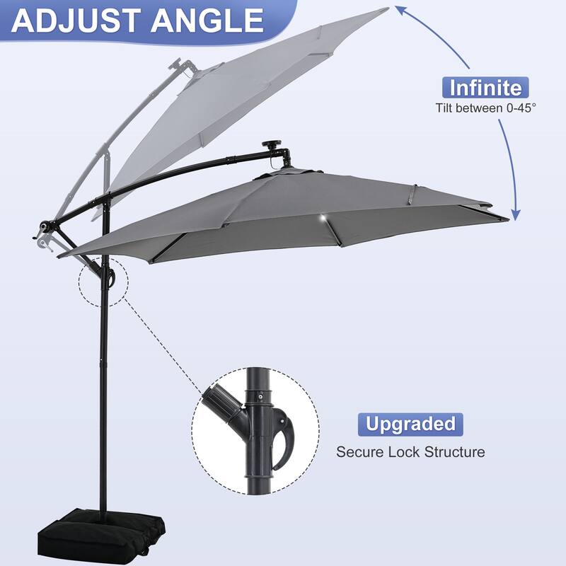 Autlaycil 10ft Offset Hanging Market Patio Umbrella With Base&Solar Lights