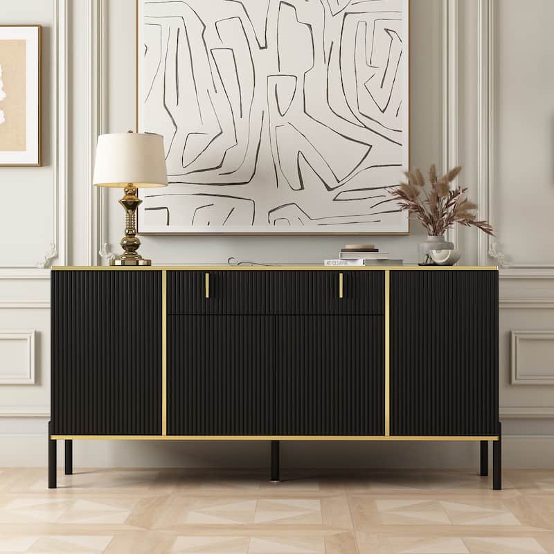 Timechee Kitchen Sideboard End Table Entry Accent Storage Cabinet - 63"W - Black/Gold