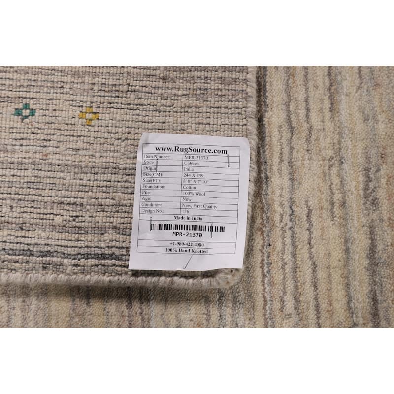 Earth Tone Gabbeh Indian Square Area Rug Handmade Beige Wool Carpet - 7'10" X 8'0"