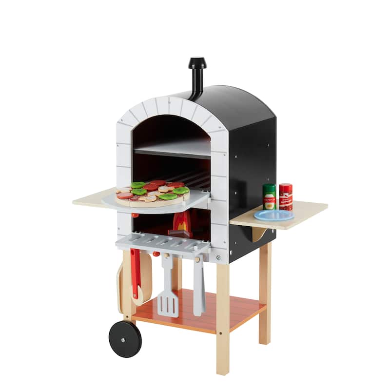 Teamson Kids My Little Helper Pizza Oven, Rolling Wooden Kids Play Kitchen & Pretend Cooking Set, 24 pcs Accessories