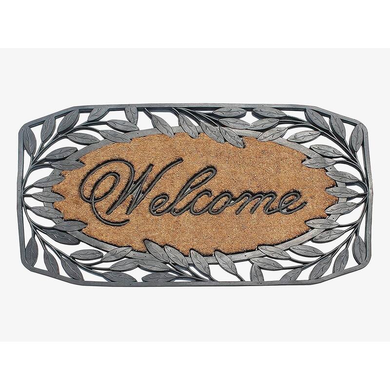 A1HC Welcome Stylish Leaf Border Rubber and Coir Large Heavy-Duty Outdoor Doormat, Black - 23"X38"