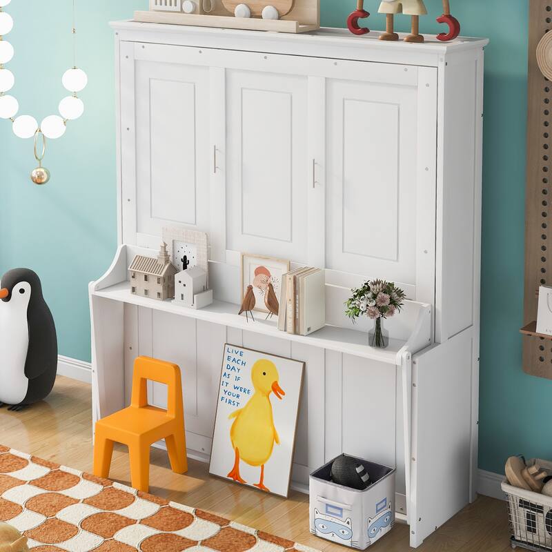 Queen Pine Murphy Bed with Shelf & Drawer - White