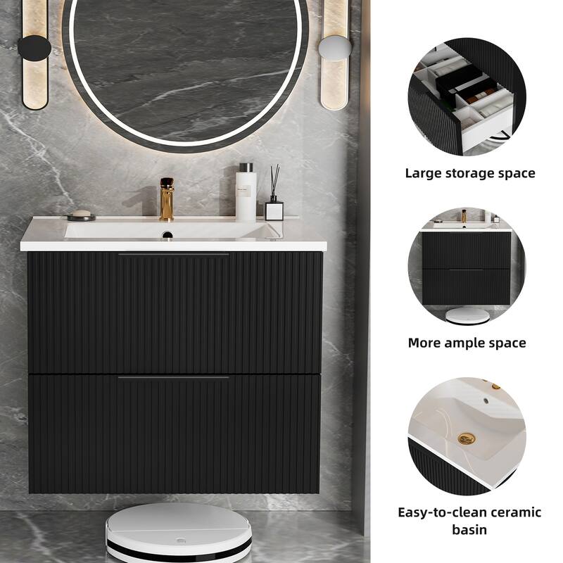 24" Floating Bathroom Vanity with Ceramic Sink - Wall Mounted Fluted Vanity Cabinet with Drawers, for Small Bathrooms
