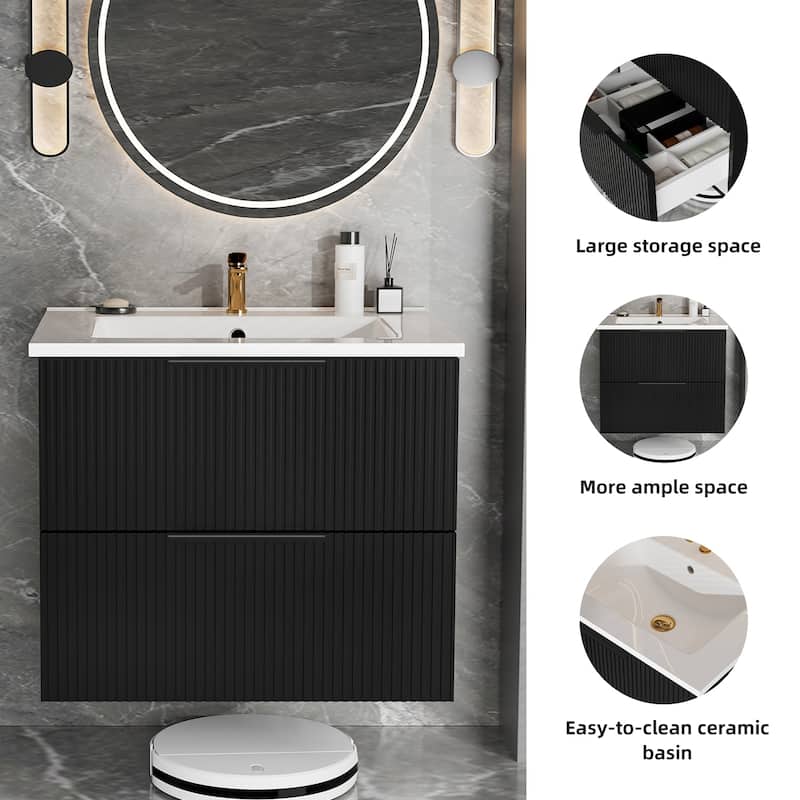 24 Inch Bathroom Vanity Cabinet With Ceramic Sink - Wall Mounted Floating Fluted Vanity With Drawers